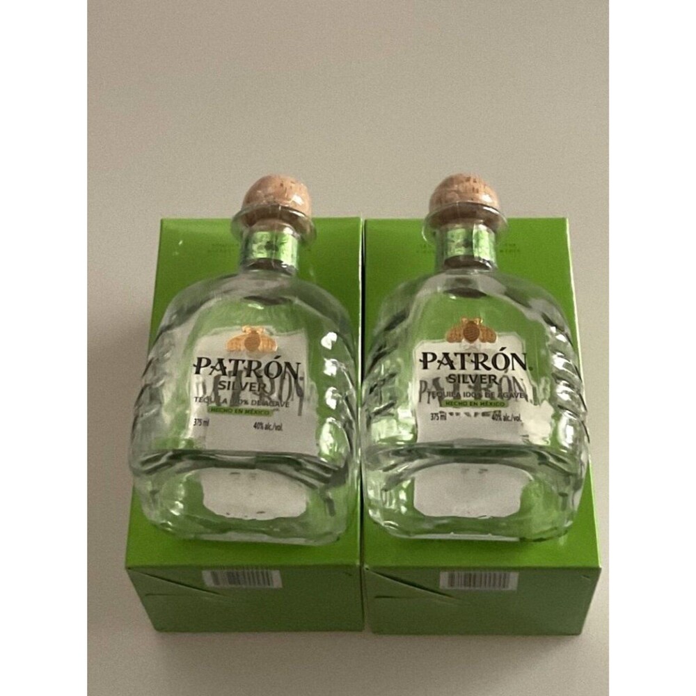 2- 375 ML Patron Silver Tequila Bottles With Box Set, Empty Glass